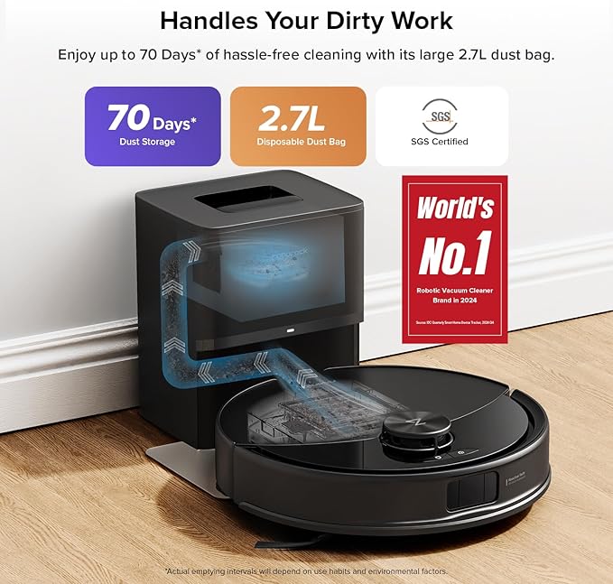 roborock Q10 S5+ Robot Vacuum and Mop, 10,000Pa Suction, Upgraded from Q8 max+, 70 Days Self-Emptying, Obstacle Avoidance, Sonic Mopping, Dual Anti-Tangle Design, Auto Mop Lifting, Ideal for Pet Hair