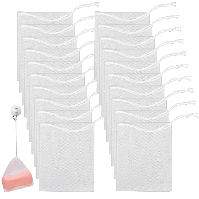 Mozeat Lens 20 PCS Exfoliating Mesh Soap Saver Pouch Bag Mesh Soap Bag Handmade Soaps Bubble Meshs Net Bags with Drawstring Meshs Foaming Net Soaps Sack Bags for Bath & Shower