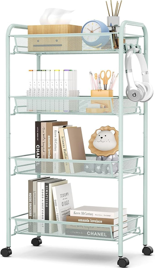 TOOLF 4-Tier Rolling Cart, Metal Utility Cart with 3 Hooks, Easy Assemble Mobile Storage Trolley On Wheels, Metal Shelving Units Kitchen Bathroom Laundry Room