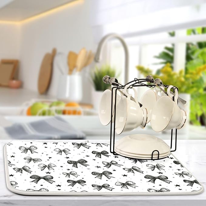 Black White Bowknot Dish Drying Mat for Kitchen Countertop 16x18 Rectangle Bow Small Drying Mat Reusable Quick Dry Dish Sink Absorbent Mats Dishwasher Easy Clean Decorative Home Decor Essentials