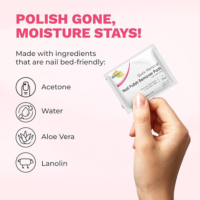 Diamond Wipes Nail Polish Remover Wipes with Aloe Vera, Acetone Nail Polish Remover Pads, Case of 500 Individually Wrapped Nail Polish Wipes