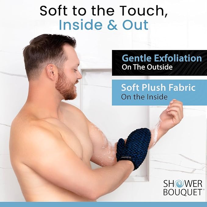 Japanese Exfoliating Mitt 2-Pack - Charcoal & Silver Ion Exfoliating Gloves for Shower - Soft Inner Fabric Gentle Exfoliation & Deep Cleansing Body Scrub Gloves for All Skin Types - 1 White, 1 Blue