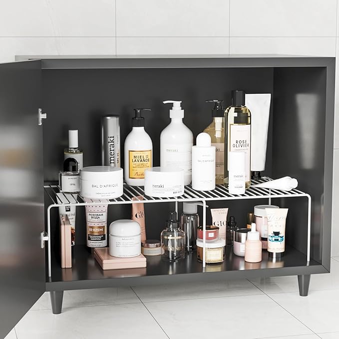 Expandable Storage Shelf, Pantry Organizers and Storage, Adjustable Rustproof Metal Wire Spice Rack, Space Saver Kitchen Storage Shelves for Pan, Pot, Countertop, Drawer, Fridge, Set of 4, White
