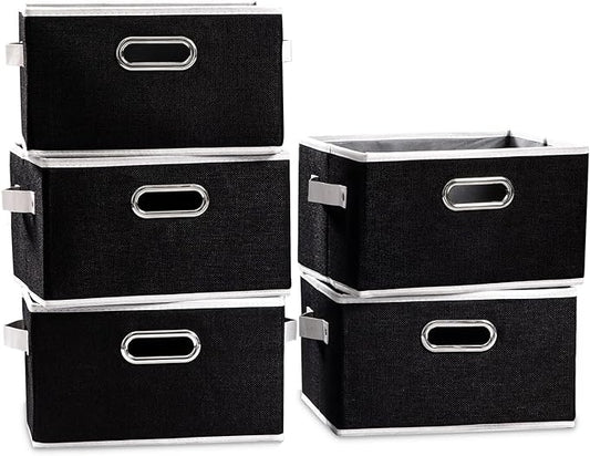 PRANDOM Fodable Storage Baskets for Closet [5-pack] Decorative Fabric Storage Bins Cubes with Leather/Metal Handles for Shelves Bedroom Living Room Black (11.5x8.5x6.7 Inch)