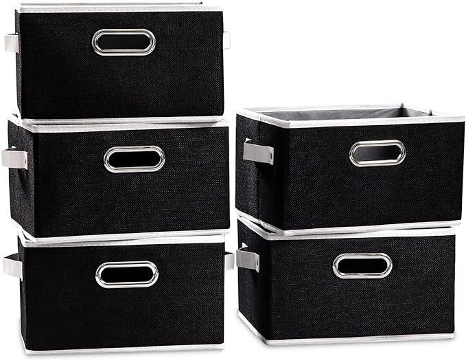 PRANDOM Large Collapsible Storage Bins for Closet [5-Pack] Decorative Fabric Storage Baskets Cubes with Leather/Metal Handles for Shelves Bedroom Living Room Black (14.9x9.8x8.3 Inch)