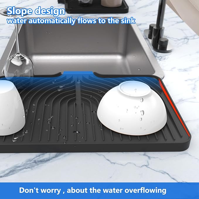 Kitchen Drying Mat for sink with a bulged edge,18"×12"Silicone Dish Drying Mat with built-in Drain Spout, Rubber Dish Mat for Kitchen (18"×12"black)