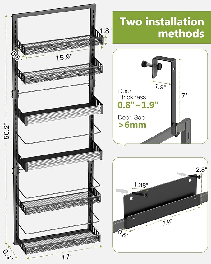 6-Tier Over the Door Pantry Organizer, 2 in 1 Large Door Spice Rack with Adjustable Metal Baskets, Heavy Duty Hanging or Wall Mounted Storage Organizer for Kitchen Pantry and Room Wall