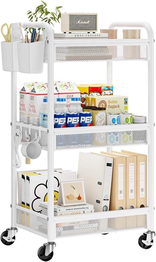 YASONIC 3 Tier Rolling Cart – Metal Utility Storage Cart with Wheels, Craft Carts Organizer with Hanging Cups, Hooks, Mesh Basket for Bedside Kitchen Office Art, White