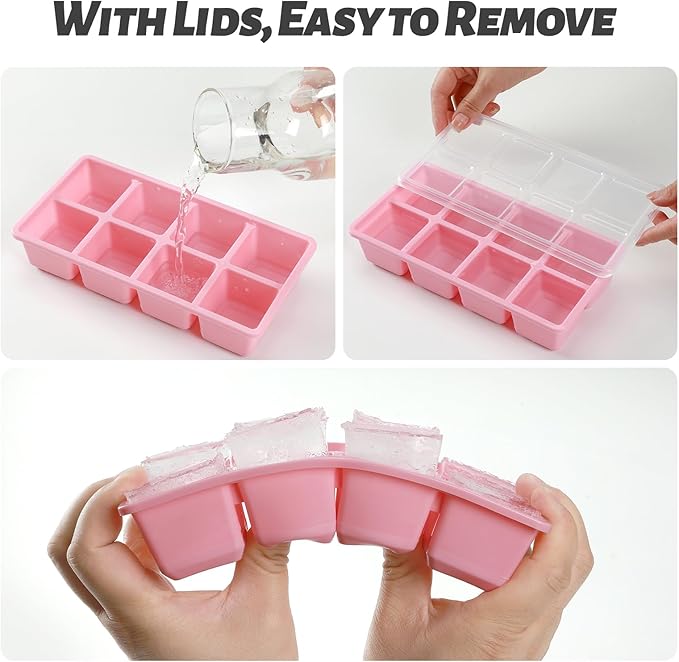 Large Ice Cube Trays, JRISBO 2 Pack Reusable Silicone Ice Cube Molds with Lid for Freezer, Easy Release 16 Big Square Ice Trays for Whisky Cocktails