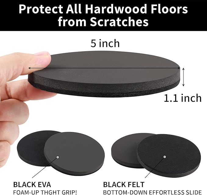 Ezprotekt 5" Round Felt Furniture Movers Sliders for Hardwood Floors, 8 Pcs Reusable Felt Furniture Moving Pads for Heavy Duty Bed Sofa Fridge Couch, Move Item Easily and Quickly (Black)