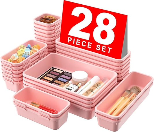 A-LuGei 【28PCS】 Drawer Organizer, Bathroom Organizers and Storage, Makeup organizer, Desk drawer organizer, Storage Bins for Kitchen Office Bedroom Vanity Jewelry Pantry Garage【Pink】【4Size】