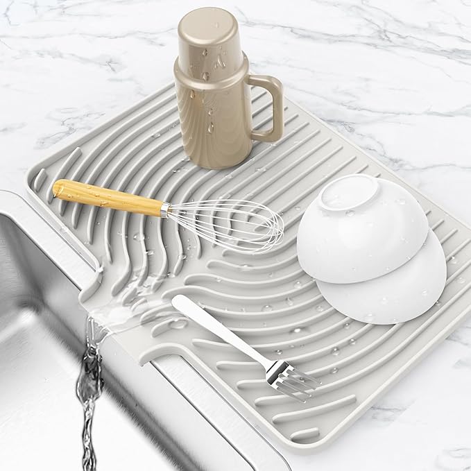 Dish Drying Matt for Kitchen Counter,18"×12"Silicone Dry Rack Mat with Built in Drain, Kitchen Dry Mats for Dishes Drying Pad for Counter(White)