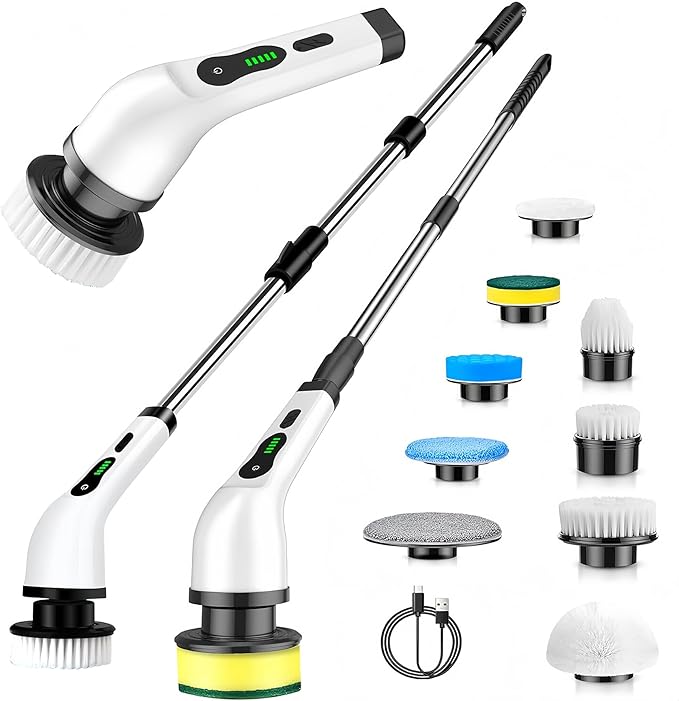 Electric Spin Scrubber, Cordless Cleaning Brush with 9 Attachment Shower and Grout Cleaner, Adjustable Extension Handle, IPX7 Waterproof for Tile Floor Tub Car (White)