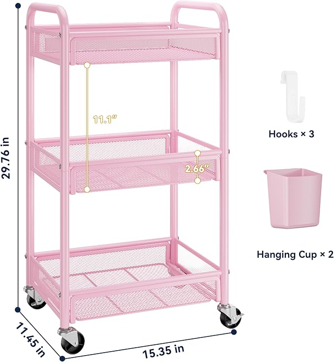 YASONIC 3 Tier Rolling Cart – Metal Utility Storage Cart with Wheels, Craft Cart Organizer with Hanging Cups, Hooks, Mesh Basket for Bedside Kitchen Office Art, Pink
