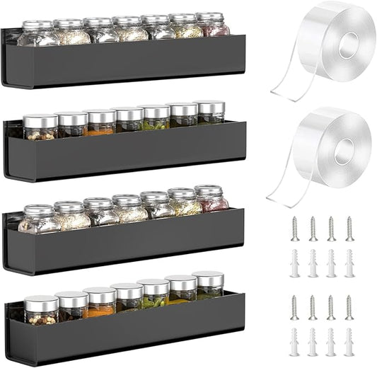PMMASTO Adhesive Acrylic Spice Rack Organizer for Wall with Nano Double Sided Tape, Spice Shelf Organization for Kitchen Cabinet Door/Pantry Door, Wall Mount Seasoning Rack (Black - 4 Pack)