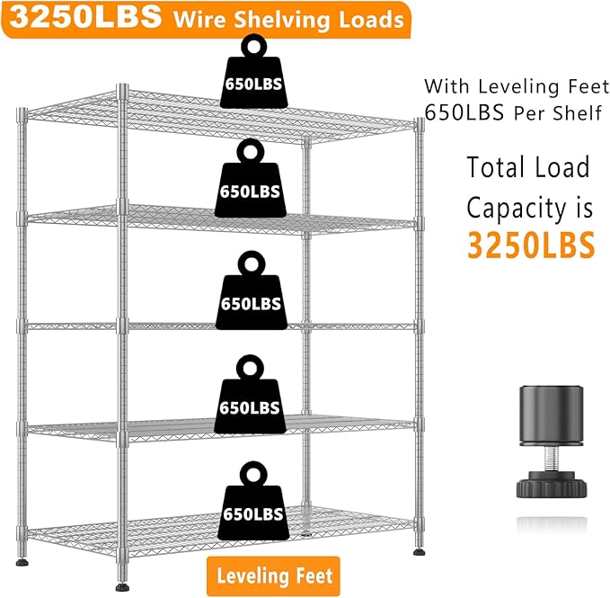 Himimi 60" W Storage Shelves, 5-Tier Wire Shelving with Wheels 3250LBS Heavy Duty Metal Shelves for Storage, Adjustable Wire Rack Shelving for Garage Kitchen Pantry 24" Dx60 Wx82 H, Silver