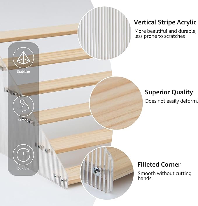 nianfeng Tiered Spice Rack, 6-Tier Spice Pantry Kitchen Cabinet Organizer, 19.9-Inch, Natural Wood Acrylic Stair Riser Stand, Countertop Seasoning Shelf