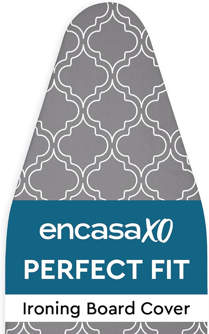 Encasa XO Ironing Board Cover and Pad 49"x18" - Thick 3mm Felt Padding, Drawstring Tightening & Lock, Easy Fit, Scorch & Stain Resistant, Fits Wide Ironing Board - Grey Tiles