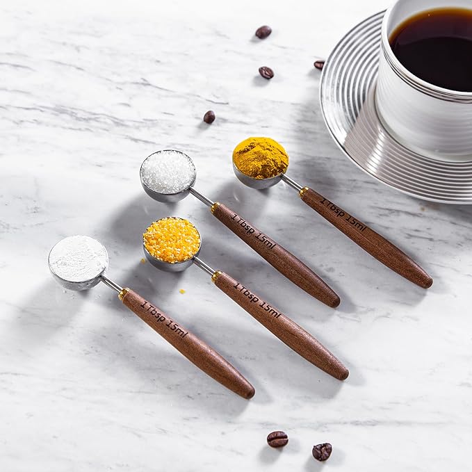 4PCS Wood Scoops for Jars Wooden Scoops for Canisters 1Tbsp Measuring Spoons for Coffee Bean Powder Coffee Scoop Measuring Scoop for Salt Sugar Multipurpose-Black Walnut+304 Stainless Steel