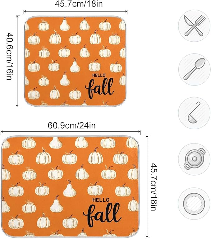 Hello Fall Burnt Orange Dish Drying Mat for Kitchen Countertop 18x24 Autumn Pumpkin Large Drying Mat Reusable Quick Dry Dish Sink Mats Easy Clean Decorative Essentials