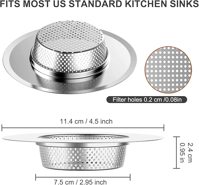 2pcs Heavy Duty Stainless Steel Slop Basket Filter Trap, 4.5" Top / 2.95" Mesh Metal Sink Strainer,Perfect for Kitchen Sink/Bathroom Bathtub Wash Basin Floor Drain Balcony Drain Hole,Utility