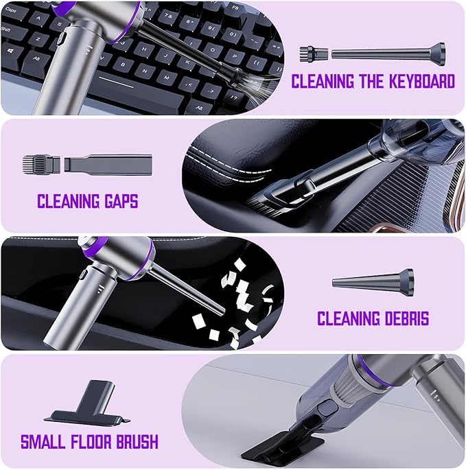 Mini Cordless Handheld Car Vacuum Cleaner/Air Duster/Blower/Hand Pump, 21000 PA High Power Brushless Motor, Portable Keyboard Vacuum Cleaner with Multi-Nozzles for Home, Office, Computer(Purple)