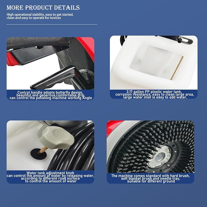 1100W Red Floor Polisher Commercial Floor Cleaner Polishing Machine Carpet Buffer Scrubber with 3gal Water Tank and 17" Base 154Rpm AC110V