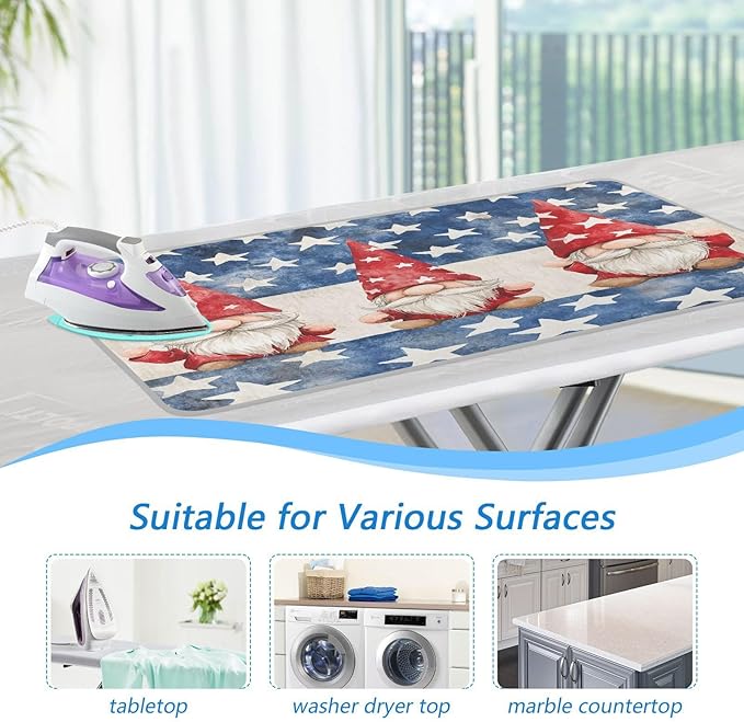 Three July 4th Gnomes Stars Ironing Mat for Table top Portable Ironing Pad Blanket for Washer Dryer Countertop Travel