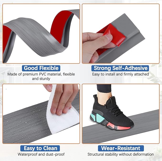 Vinyl Door Threshold Flooring Transition Strip Self Adhesive Carpet Edging Strip for Laminate Doorway Edge Threshold from 2/5" to 3/5" (Light Gray Wood Grain, 10 Ft)