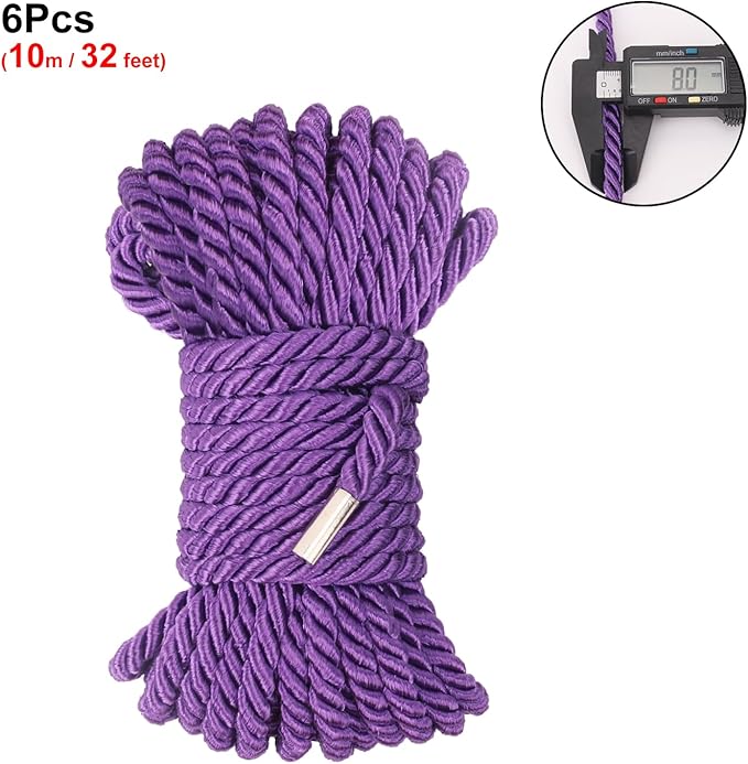 6 PCS Silk Rope Set - 32 Feet Long Nylon Proof Rope Cord and Soft Braided Ropes Black & Purple, Skin Friendly for Crafts, Hanging, DIY Projects and More