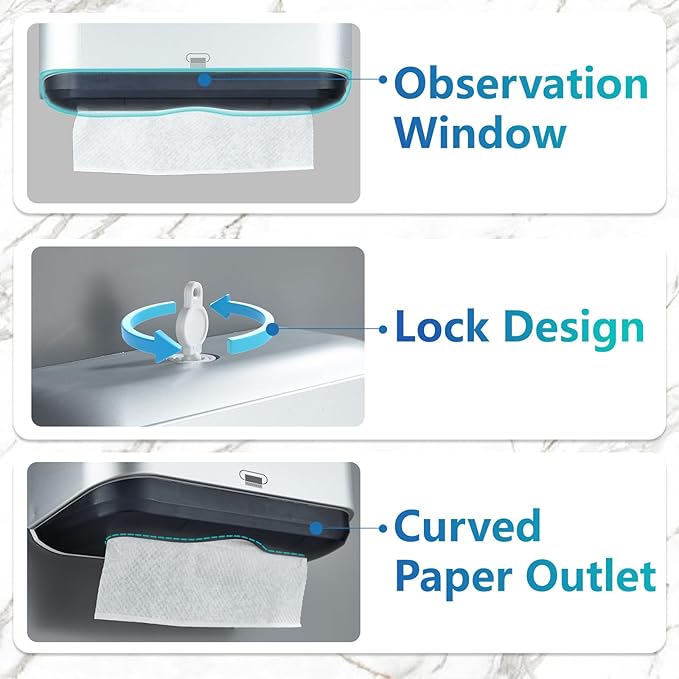 Trifold Hand Towel Dispenser for Bathroom - C Fold Paper Towel Dispenser Wall Mount with No-Hole Adhesive Installation, Compact 200 Sheets Large Capacity for Home, Apartment & RV