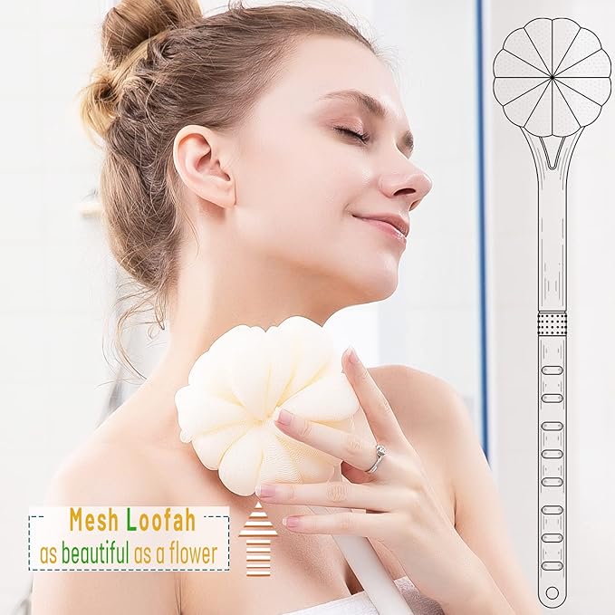 Shower Body Brush,Soft Bristles and Beautiful Pumpkin Loofah 14" Long Handle Back Scrubber Bath Mesh Sponge for Skin Exfoliating Bath,Massage Bristles Suitable for Wet or Dry,Men and Women (Yellow)