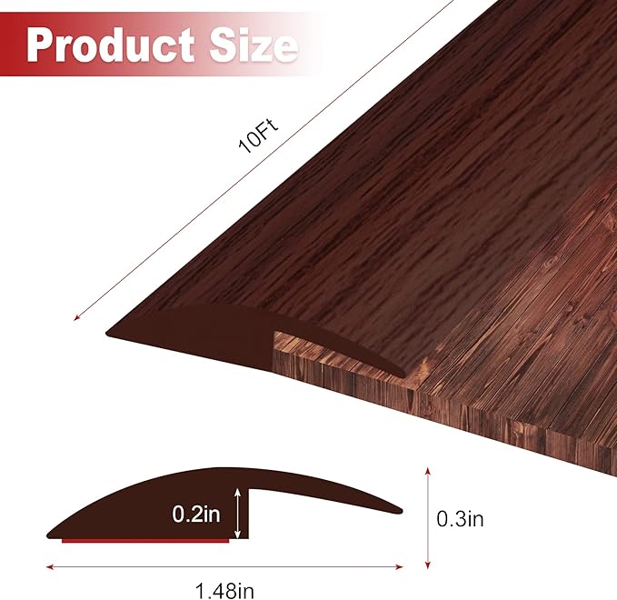10Ft Carpet Floor Transition Strip, Self Adhesive Floor Edging Trim Strip for Doorway, PVC Floor Divider Threshold Cover Suitable for Threshold Height Less Than 5 mm - Red Wine