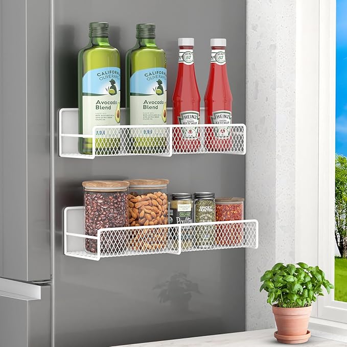 2 Pack Magnetic Spice Rack for Refrigerator, White Magnetic Shelf with 4 Removable Hooks, Rustproof Magnetic Shelf for Fridge, Oven, Condiments, Oils, Seasoning Spice Organizer