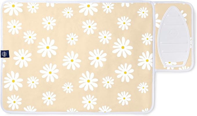 Encasa Homes Ironing Mat/Pad (Small 28"x20") with 3mm Padding & Silicone Iron Rest for Steam Pressing on Tabletop or Bed - Heat Resistant, Portable, Quilting & Travel Blanket - Daisy Beige
