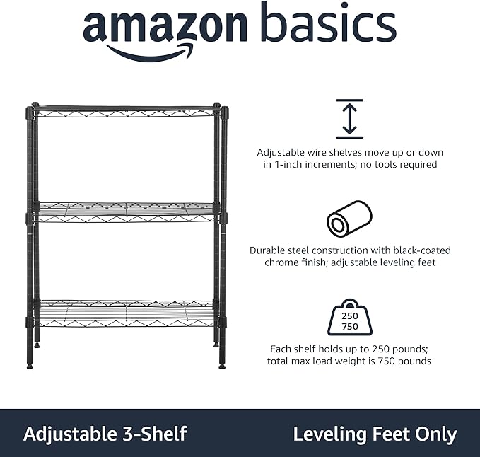 Amazon Basics 3-Shelf Adjustable Heavy Duty Steel Wire Rack Storage Shelving Organizer for Kitchen, Garage, 23.2" L x 13.4" W x 30" H, Black