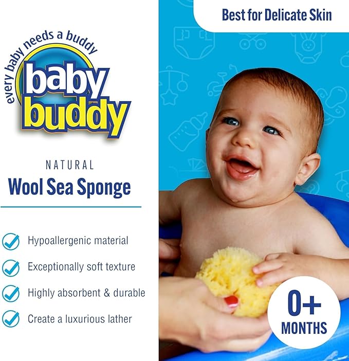 Baby Buddy Natural Bath Sponge, Ultra-Soft Sea Wool, Gentle on Baby's Skin, Hypoallergenic, Biodegradable, 3-Pack, 4in for Baby & Infant Bath Time