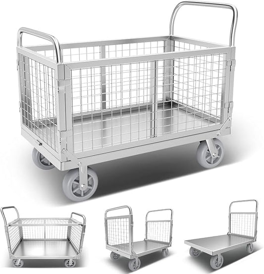 Platform Truck with Cage, 6 in1 Foldable Heavy Duty Steel Flatbed Cart, Large Utility Cart w/Industrail Solid Casters, Load 2000LBS Multi-Purpose Push Dolly for Grocery/Laundry/Stall/Warehouse