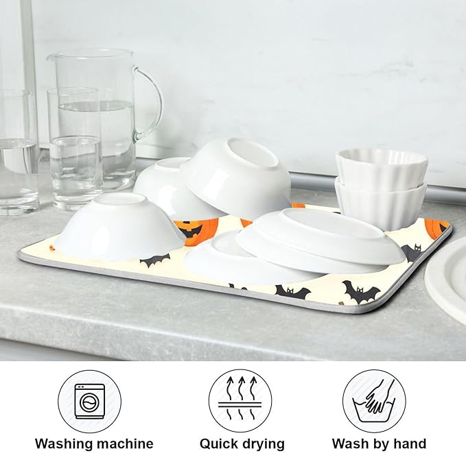Halloween Black Bat Dish Drying Mat for Kitchen Countertop 16x18 Spooky Evil Pumpkin Lantern Small Drying Mat Reusable Quick Dry Dish Sink Mats Easy Clean Decorative Essentials