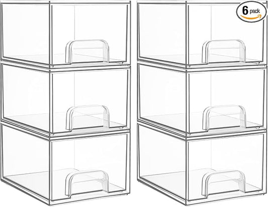 Vtopmart 6 Pack Clear Stackable Storage Drawers, 4.4'' Tall Acrylic Bathroom Makeup Organizer,Plastic Storage Bins For Vanity, Undersink, Kitchen Cabinets, Pantry, Home Organization and Storage