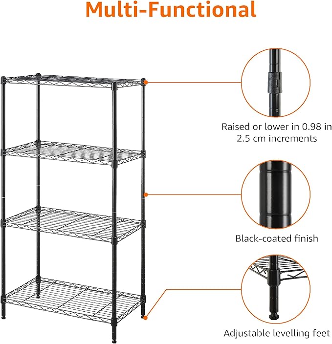 Amazon Basics 4-Shelf Steel Wire Storage Rack, Adjustable, Sturdy, Easy Assembly, 13.4 D x 23.2 W x 48 H in, Black