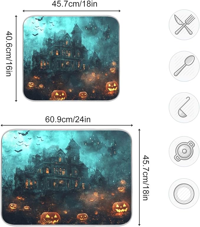 Halloween Castle Dish Drying Mat for Kitchen Countertop 16x18 Spooky Witch Pumpkin Lantern Small Drying Mat Reusable Quick Dry Dish Sink Mats Easy Clean Decorative Essentials