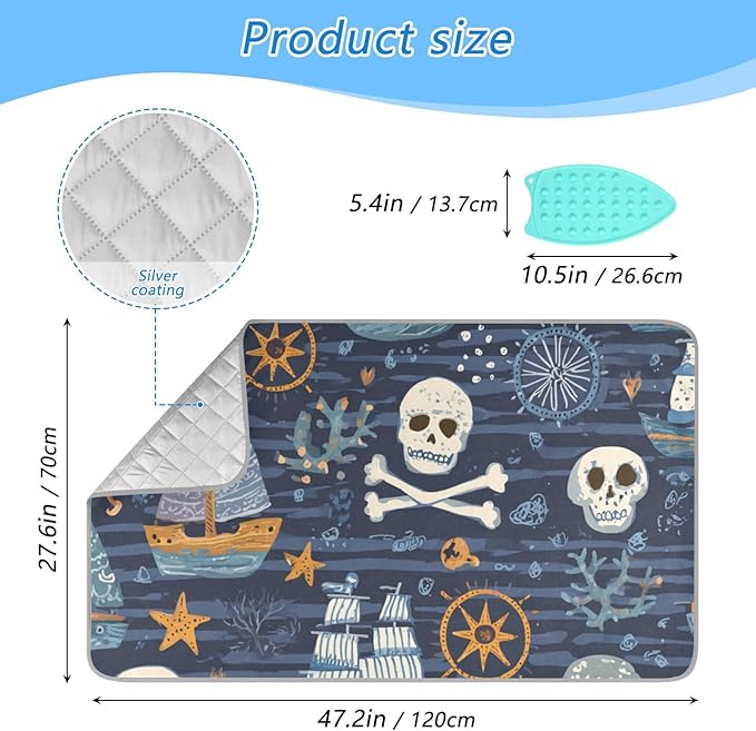 Ironing Mat Portable Ironing Pad Ironing Blanket for Table Top Heat Resistance Double-Side Using Travel Large 47.2 x 27.6 Inch Foldable Blue Pirate Skulls Sailboats Starfish and Compass