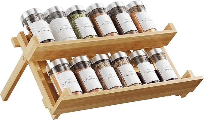 MUDEELA Bamboo Spice Rack Organizer for Cabinet, X-Shaped Foldable Spice Organization, 2 Tier Seasoning Organizer for Kitchen Counter