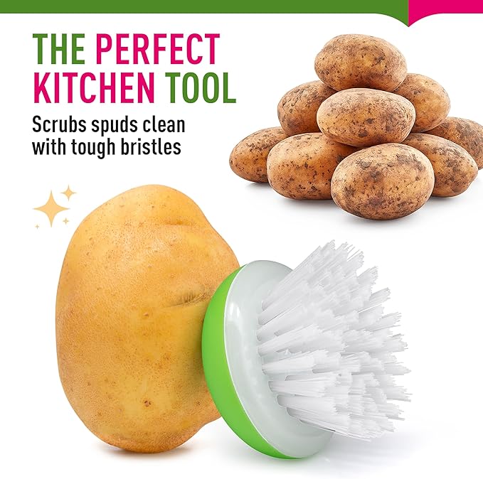 Vegetable Brush Scrubber for Food – 2Pcs Set Fruit and Veggie Brush – Silicone Top and Ultra-Strong Bristles Potato Scrubber – Palm Held Ergonomic Design – Easy to Clean – Red and Green