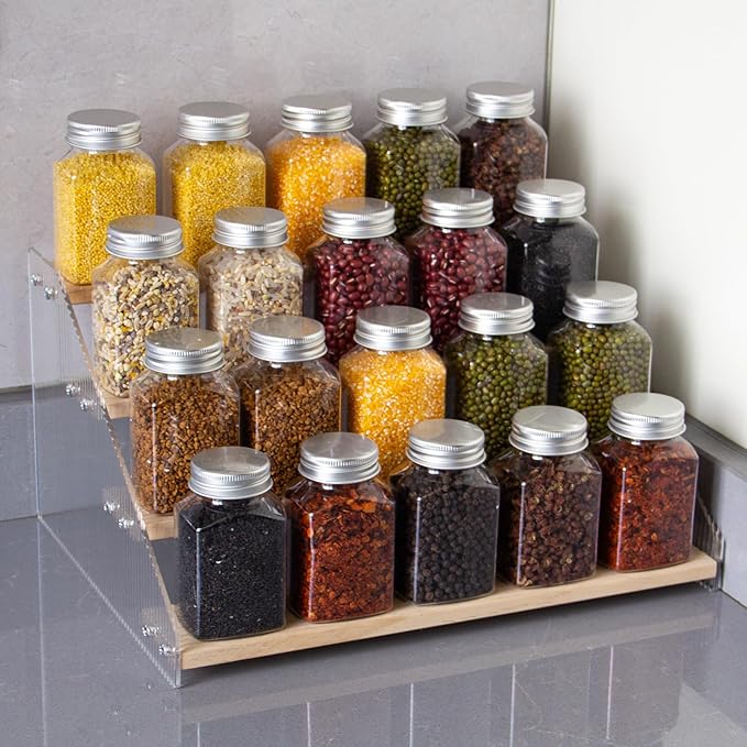 nianfeng Tiered Spice Rack, 4-Tier Spice Pantry Kitchen Cabinet Organizer, 12-Inch, Natural Wood Acrylic Stair Riser Stand, Countertop Seasoning Shelf