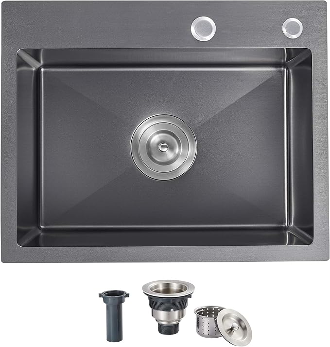 25x18x9 Inch Drop in Kitchen Sink, Handmade 304 Black Stainless Steel Single Bowl, Topmount with 2 Holes, R10 Tight Corner, for Modern Kitchen/RV/Outdoor Sink