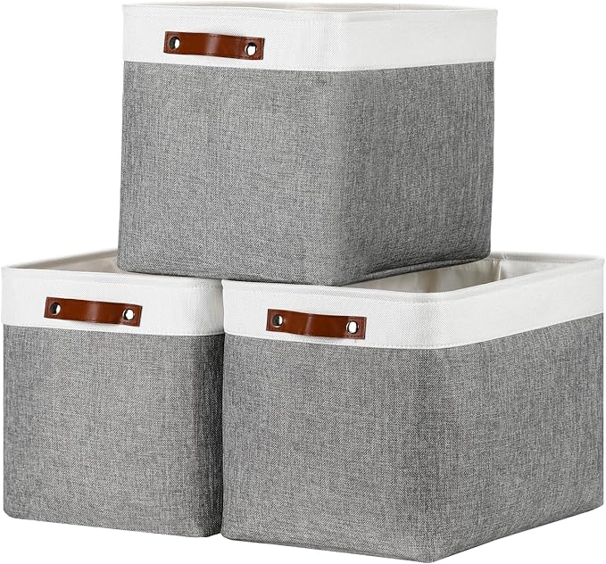 DULLEMELO Large Storage Baskets, Fabric Storage Basket with Leather Handles for Shelves Closet Nursery Toy Storage, Collapsible Fabric Baskets for Toy Book Magazine Towel Organizers(White&Gray)