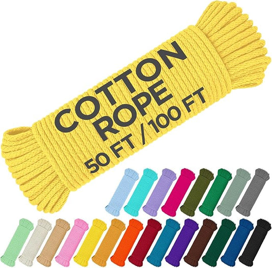 TECEUM Cotton Rope 3/16” (5 mm) – 50 FT – Strong All-Purpose Braided Rope – Natural Cotton – for Crafting, Сamping, Clothes Line, DIY, Indoor & Outdoor Use – Yellow