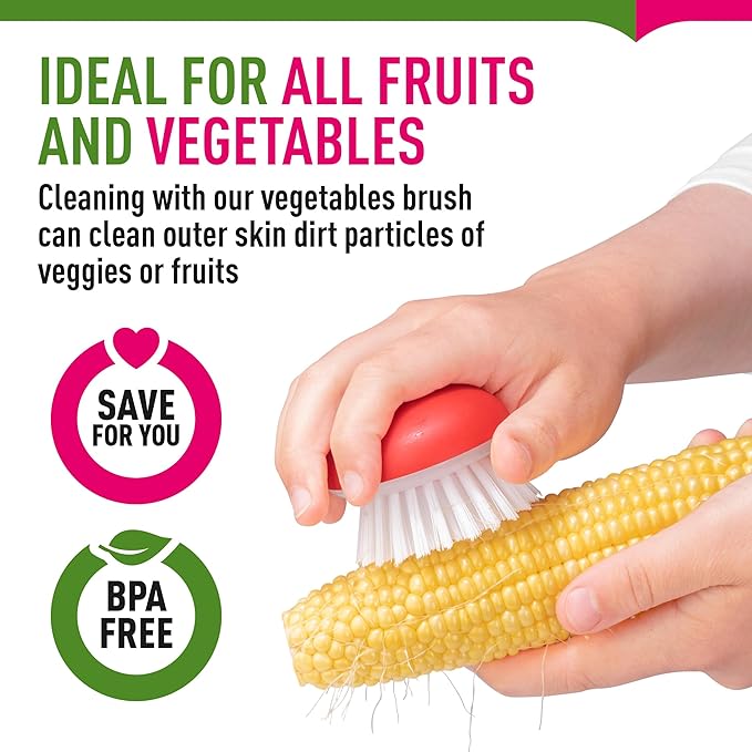 Vegetable Brush Scrubber for Food – 2Pcs Set Fruit and Veggie Brush – Silicone Top and Ultra-Strong Bristles Potato Scrubber – Palm Held Ergonomic Design – Easy to Clean – Red and Green